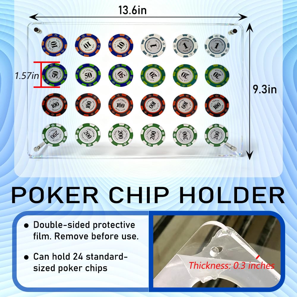 Porte-jetons de poker + 2 cartes coupées, présentoir de jetons de casino pour 24 jetons de poker, cadre en acrylique pour collectionneurs de pièces et fournitures, montage mural ou de table (34 x 23