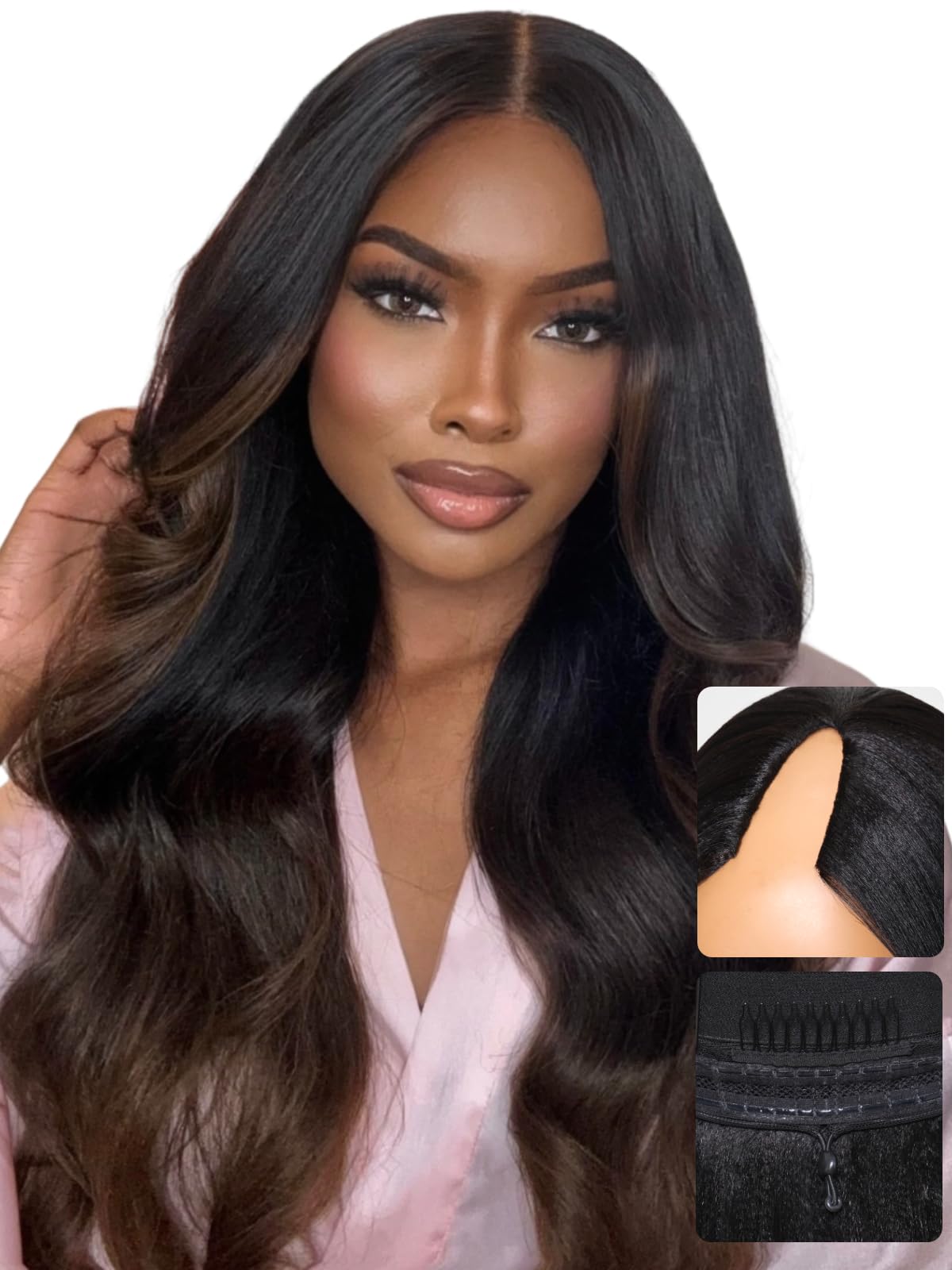 Reddish brown long upart / vpart human hair wig Amazon.com : 24inch Straight U Part Wig Human Hair 1B/99J  main image 2