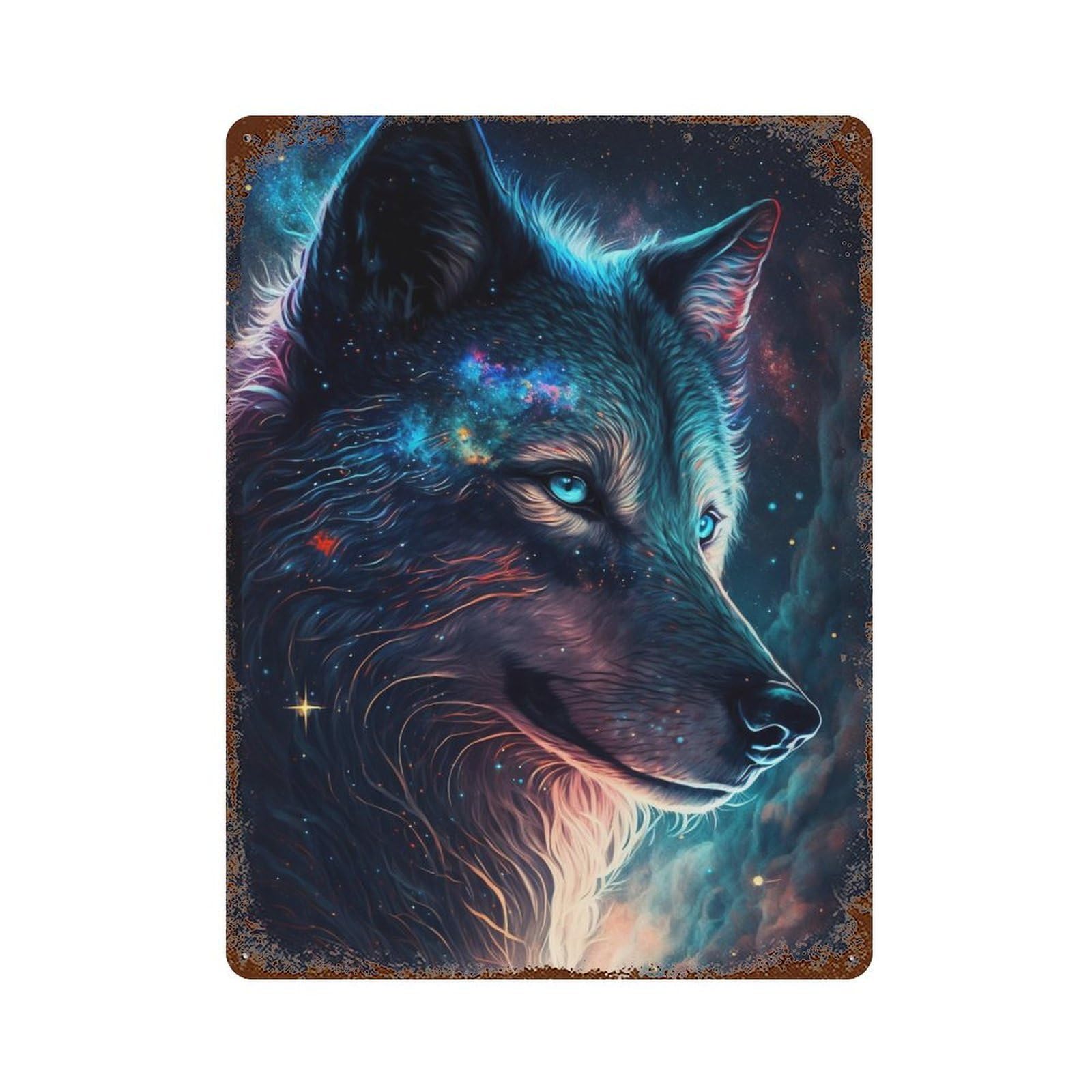 Cosmic Wolf Portrait Artwork-2 Vintage Wall Sign 15.7"x11.8", Rust Effect Metal Decor for Shed, Workshop And Garage Wall Decor