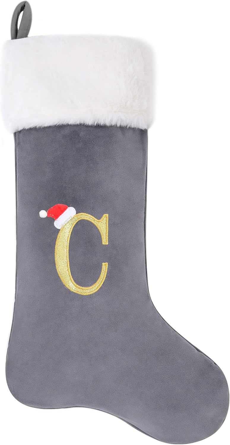 20-Inch Letter Embroidered Christmas Stocking Thick Grey Velvet with Super Soft Plush Cuff Personalized Festival Decoration for Xmas and New Year Party(Letter C) Grey-c