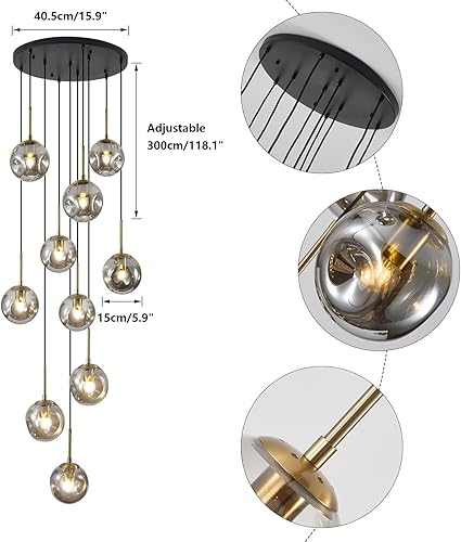 Miniatura 2 de BOKT Lámpara colgante vintage en racimo negro dorado 10 luces globo de vidrio escalera lámpara gris ahumado moderno gran lámpara colgante ajustable