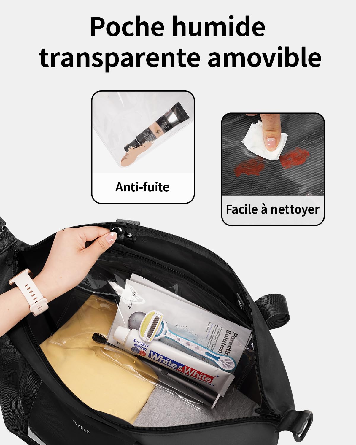 ECOHUB Sac de Voyage 40x30x20 Ryanair, Pliable Bagage Cabine, Léger Sac à Main, Weekend avec Pochette Humide Amovible pour Homme Femme, Sac Cabine Avion Imperméable Bagage a Main 20L (Noir)