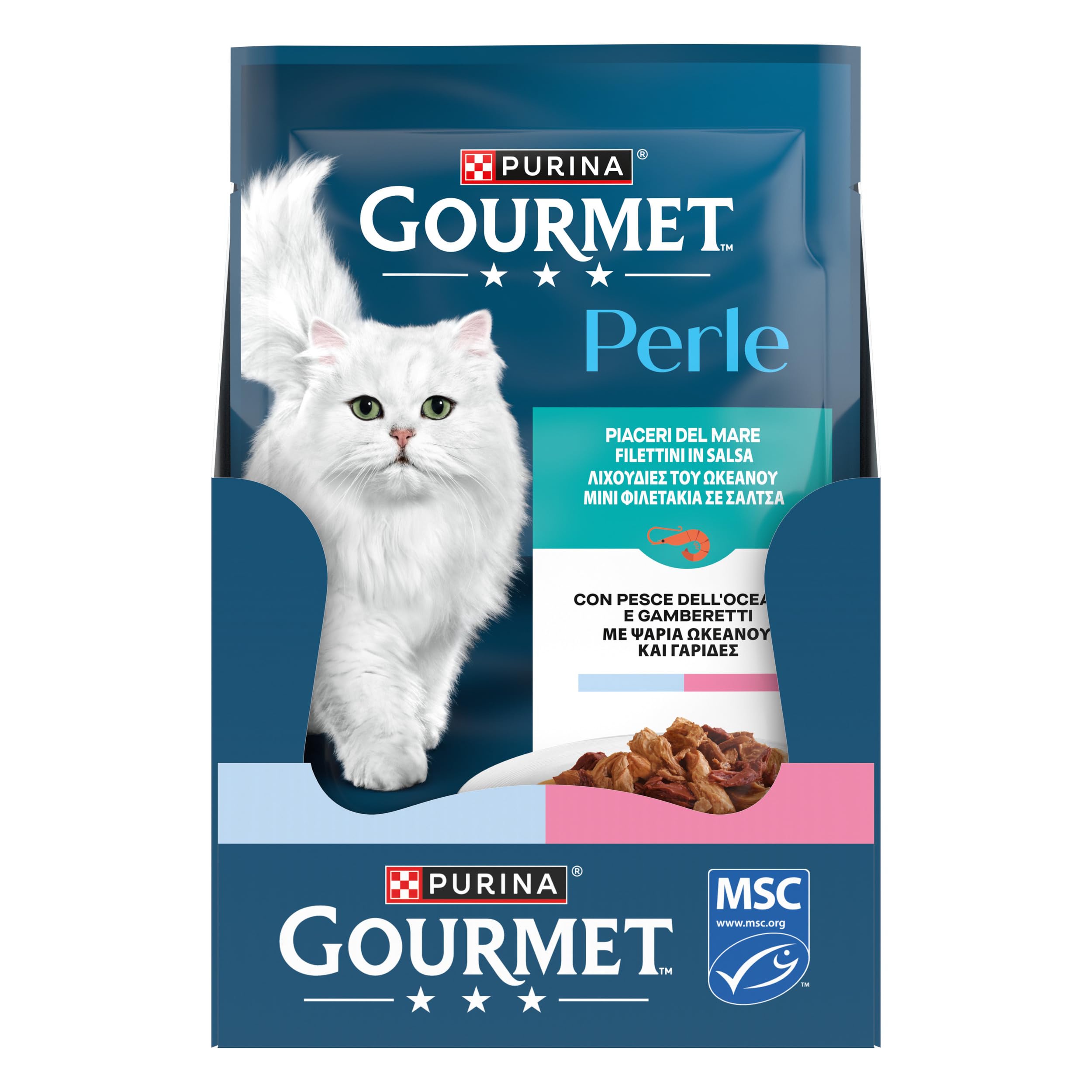 GOURMET Perle Piaceri del Mare Cibo Umido per Gatti Adulti Filettini con Pesce dell'Oceano e Gamberetti 26 Buste da 85g