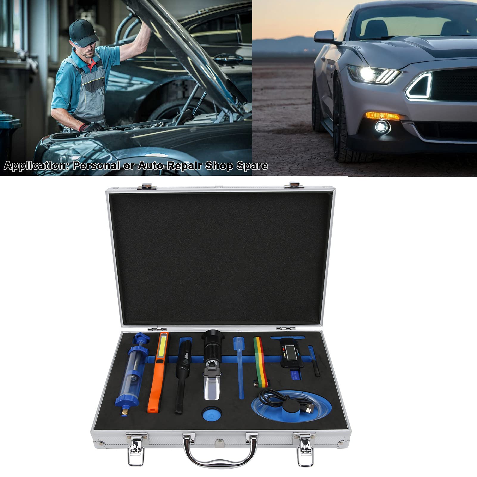 Kit di manutenzione auto 6 in 1 multifunzione con righello a motivi a display digitale, comparatore di qualità dell’olio, tester per liquido dei freni, luce da lavoro a LED per rip