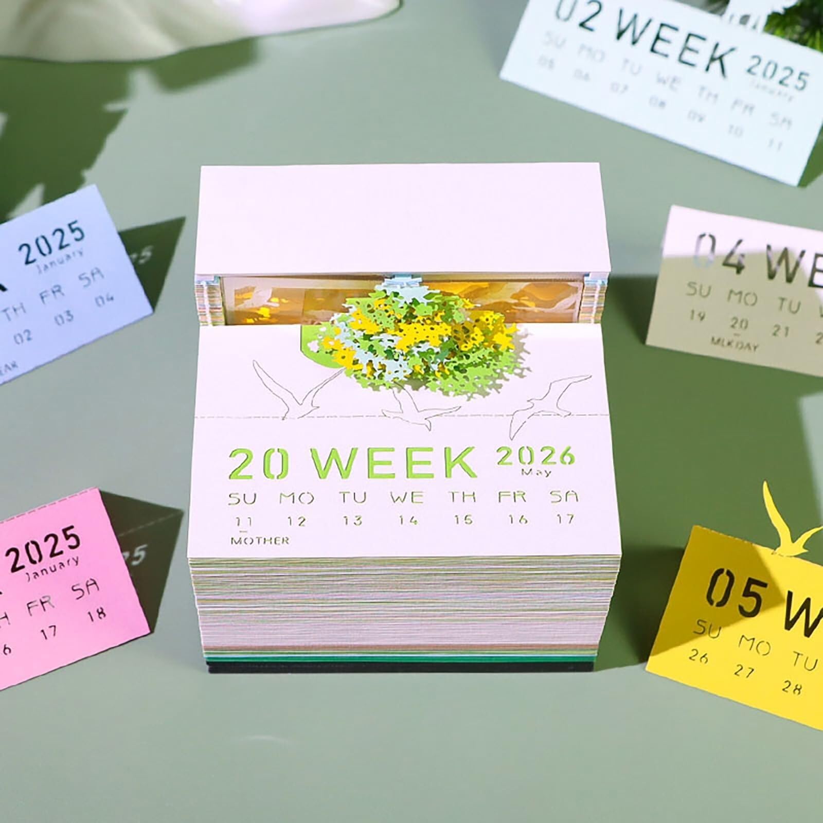 Inspirierender Tischkalender Kalender 2026, Schreibtisch-Notizblock mit 3D-Katzenmotiv aus Papier, Geschenkidee Geschenke für Kollegen(Tree-F,Without Light)