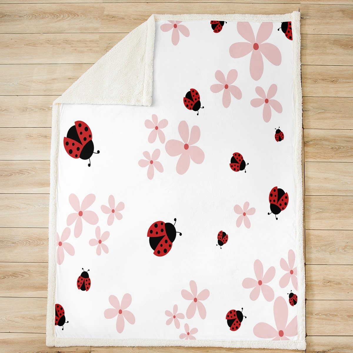 Cute Ladybug Blanket for Boys Girls Kids Super Soft Warm Red and Black Sherpa Fleece Blanket Pink Floral Throw Blankets Geometric Wave Point Bed Blanket Gifts for Teens Women(Queen 90