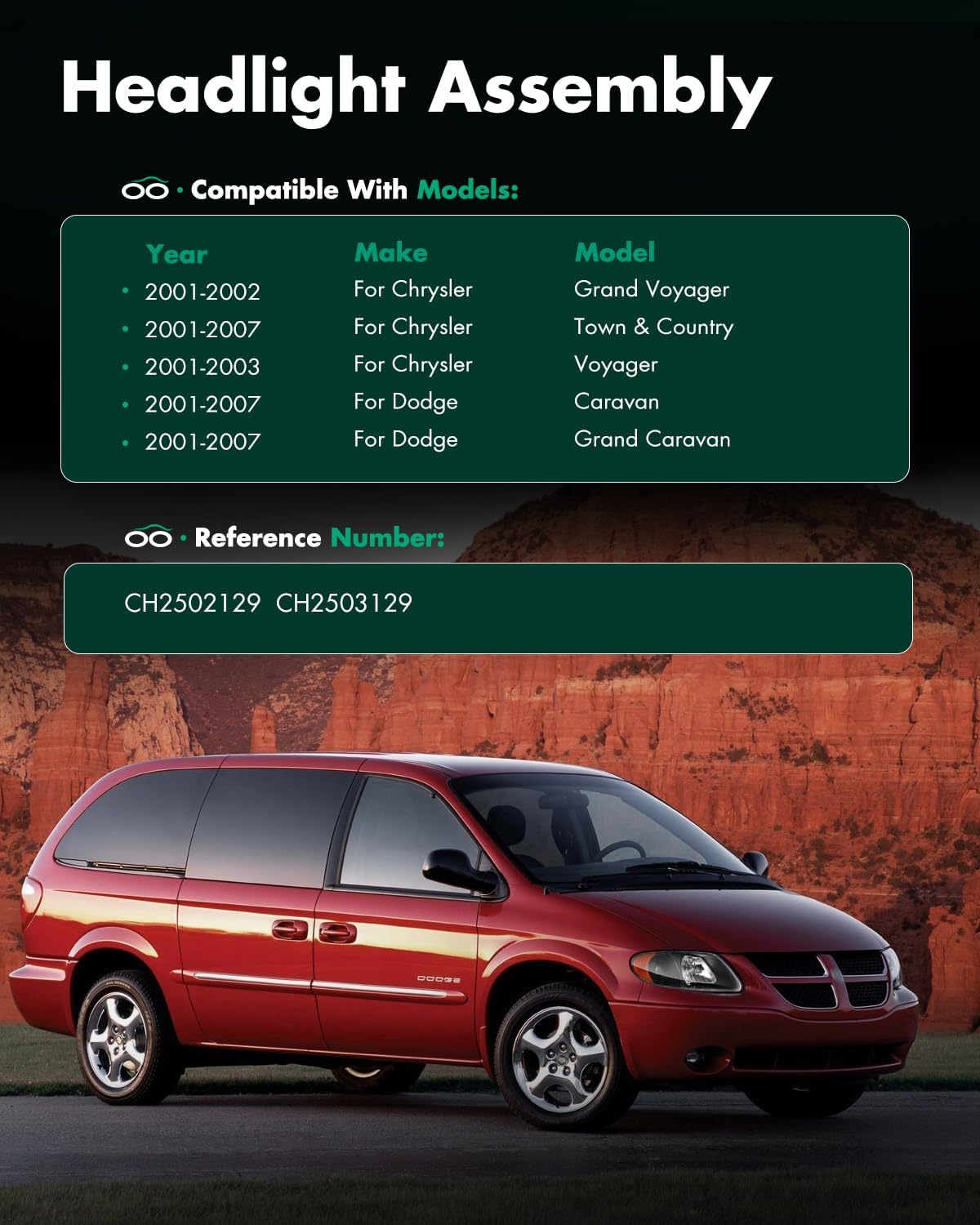 SCITOO Headlights for 2001 2002 for Chrysler Grand Voyager 2001-2007 for Chrysler Town & Country 2001-2007 for Dodge Caravan Pair Headlight Assembly Black Housing Amber Reflector CH2502129