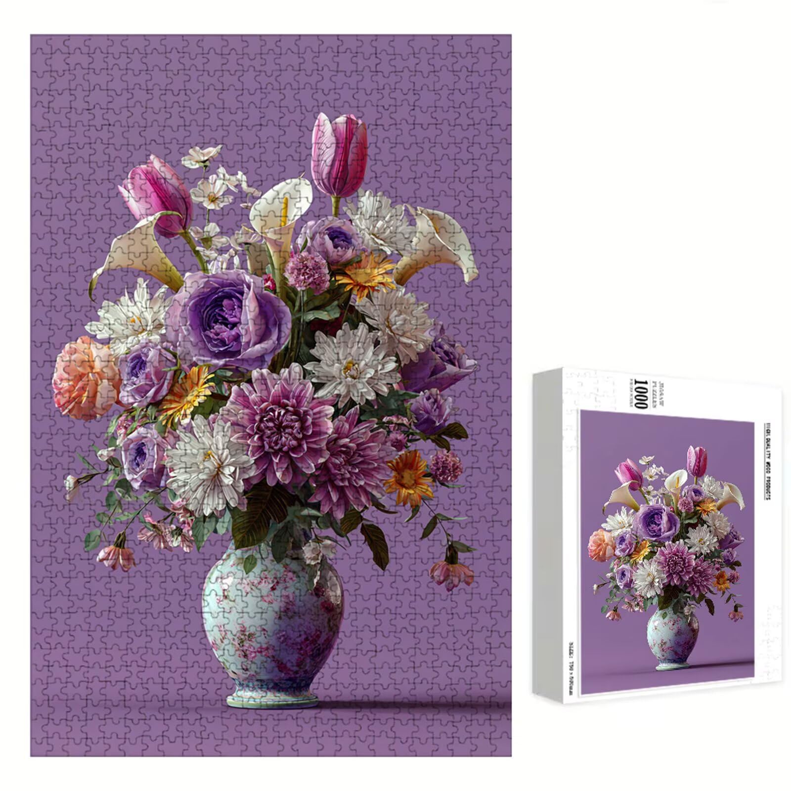 1000 elementów, puzzle dla dorosłych, fioletowe i kwiatowe, wytrzymałe drewniane puzzle o idealnym dopasowaniu, 75 x 50 cm, w zestawie plakat, prezent i uwaga, dekoracja ścienna, nie dla dzieci