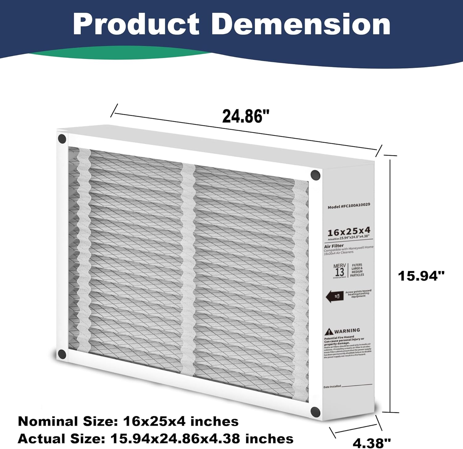 2Pack 16x25x4 AC Furnace Air Filter Compatible with Honeywell FC100A1029, MERV 13 HVAC Filter Replacement, (Actual Size:15.94 x 24.86 x4.38 inches)