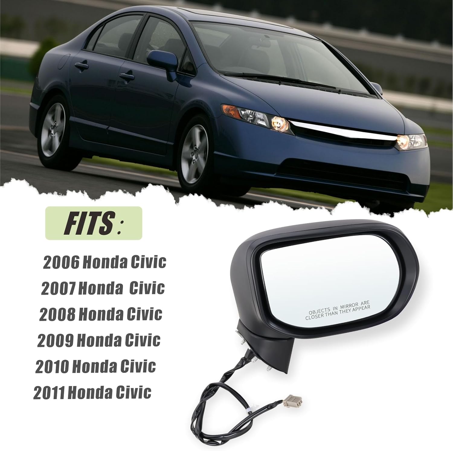 Right Passenger Side Mirror For 2006 2007 2008 2009 2010 2011 HONDA CIVIC With Power Mirror Manual Folding Non-Heated Black Not fits civic coupe&Civic del Sol Replace#76200SNEA01(3 Pins)