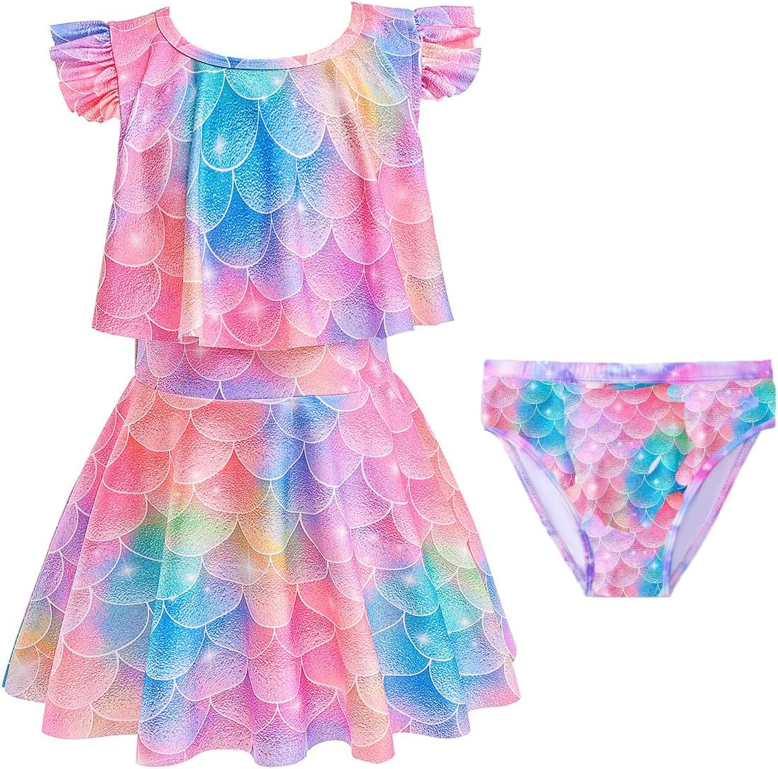 Girls Quick-Drying One-Piece Swimsuit-Toddler Colorful Fish Scale Beach-Swimwear Dress with Panties