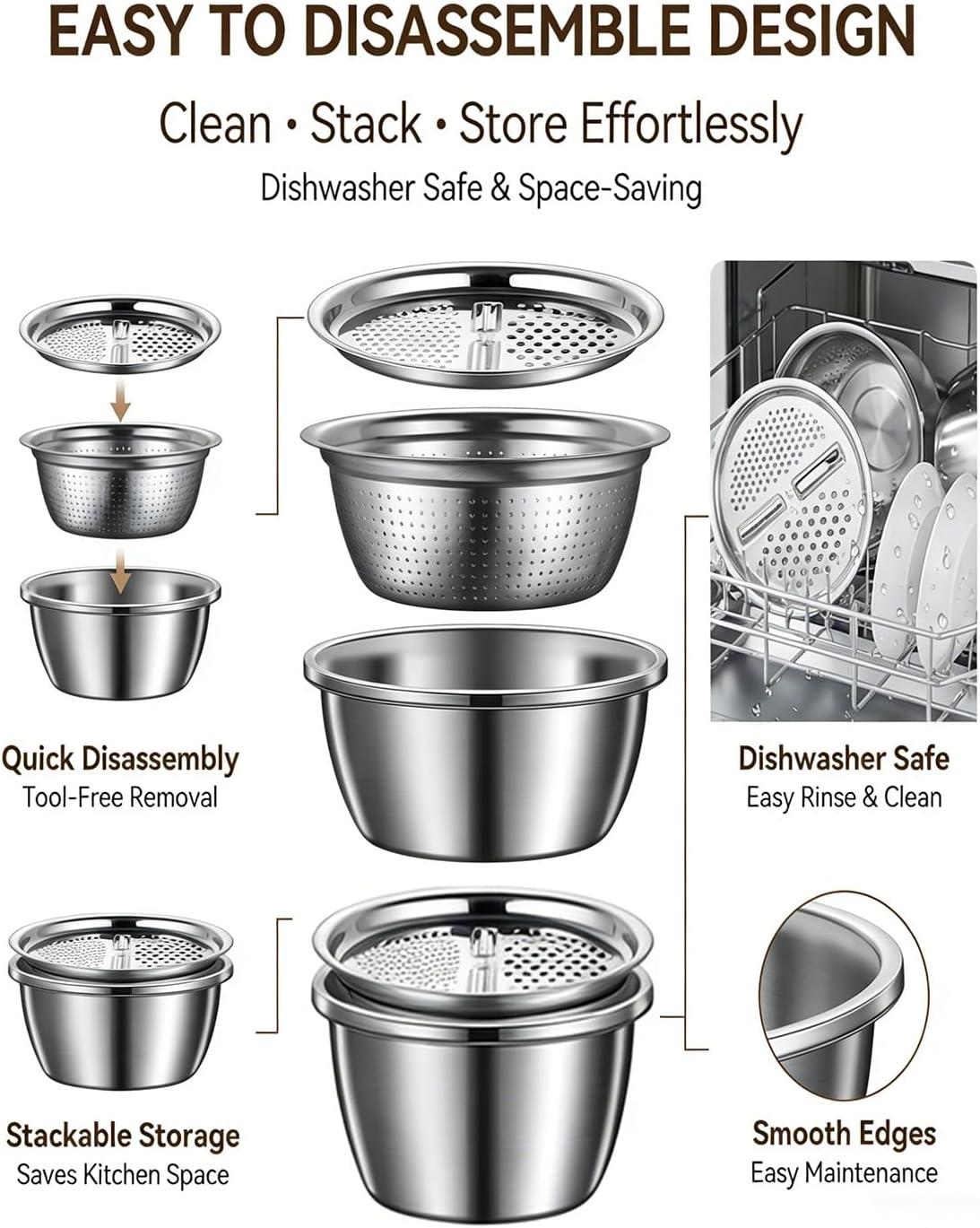 Germany Multifunctional Stainless Steel Basin Strainer Set, 5 in 1 Shredding & Drainage Chopping Basin Slicing Bowl, Vegetables Fruits Drain Basket, Colander Rice Rinser Food Graters(10.2IN)