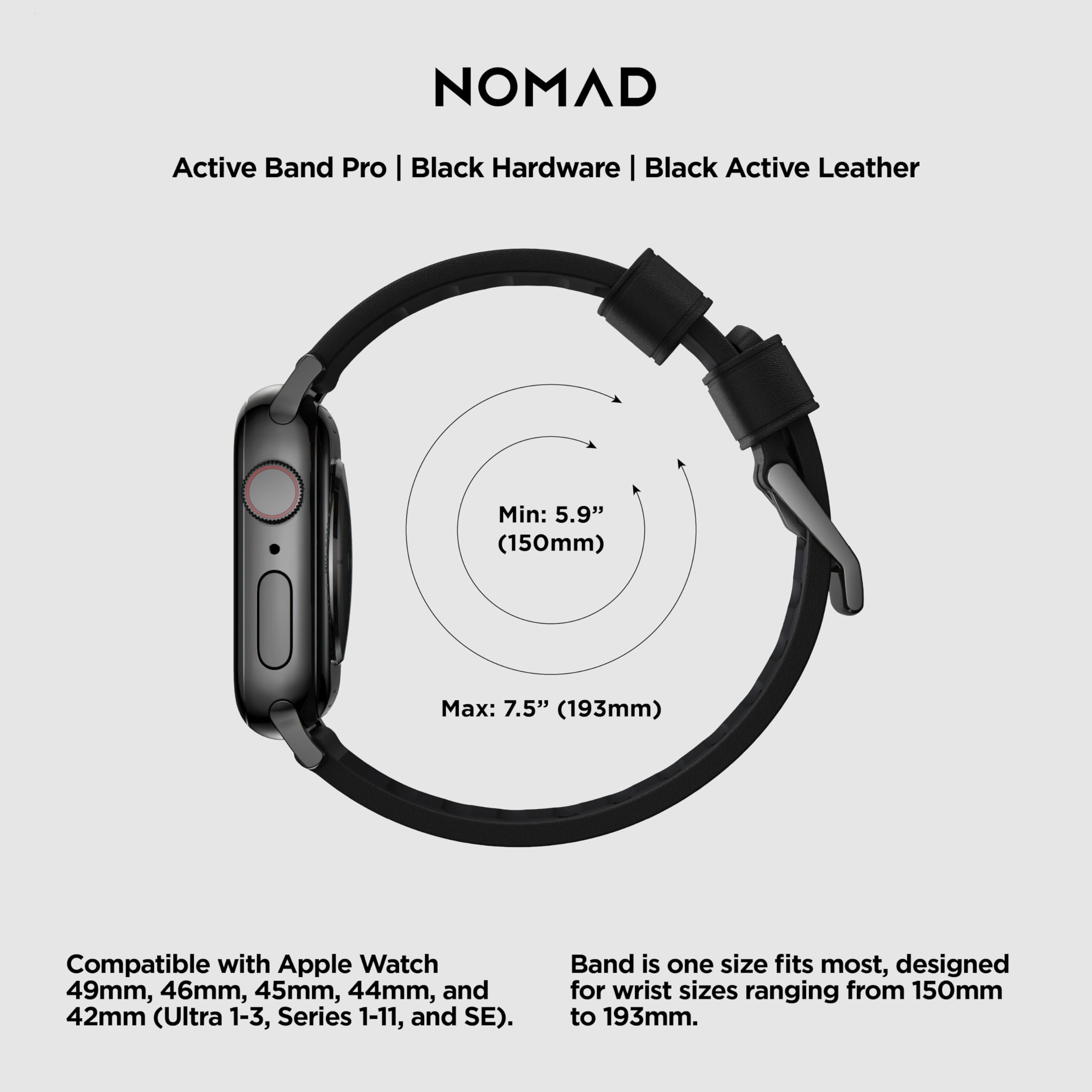 NOMAD Modern Strap Black Connector Black Active Leather Pro strapazierfähiges Uhrenarmband aus Leder und Kunststoff FKM für die Apple Watch 42/44/45/49mm in schwarz mit schwarzen Schnallen