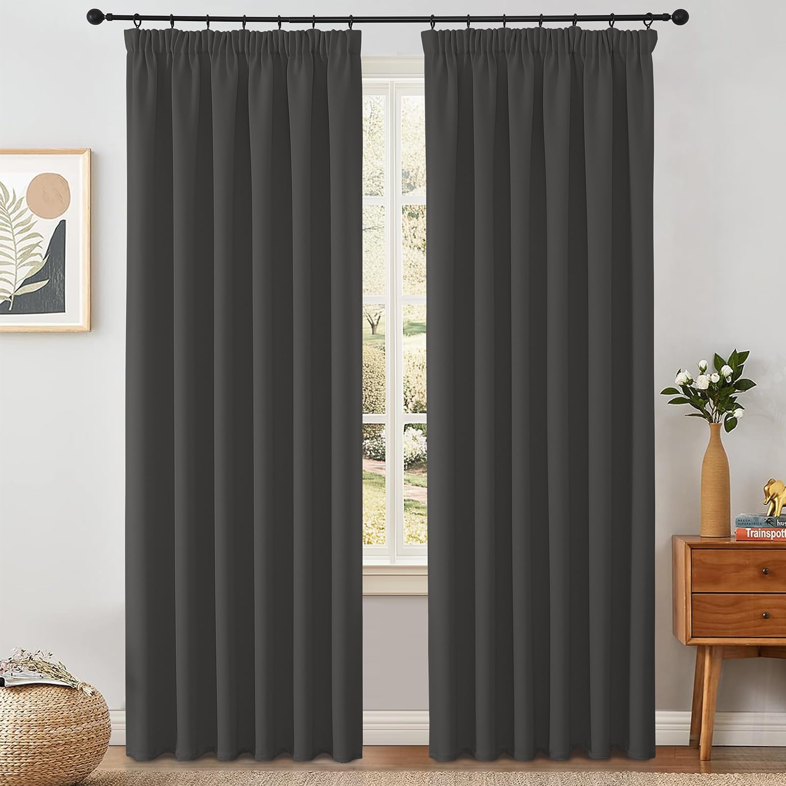 VEHEDE Extra Long Blackout Curtains for Living Room โ Thermal Insulated Pencil Pleat Curtains, Dark Grey, W55 x L96 Inch, 2 Panels