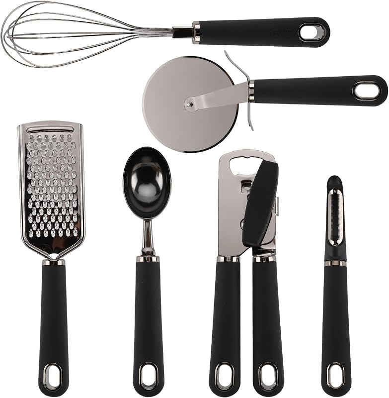 Country Kitchen 6 Pc Essentials Kitchen Stainless Steel Gadget Set Black Gun Metal with Soft Touch Black Handles for Cooking
