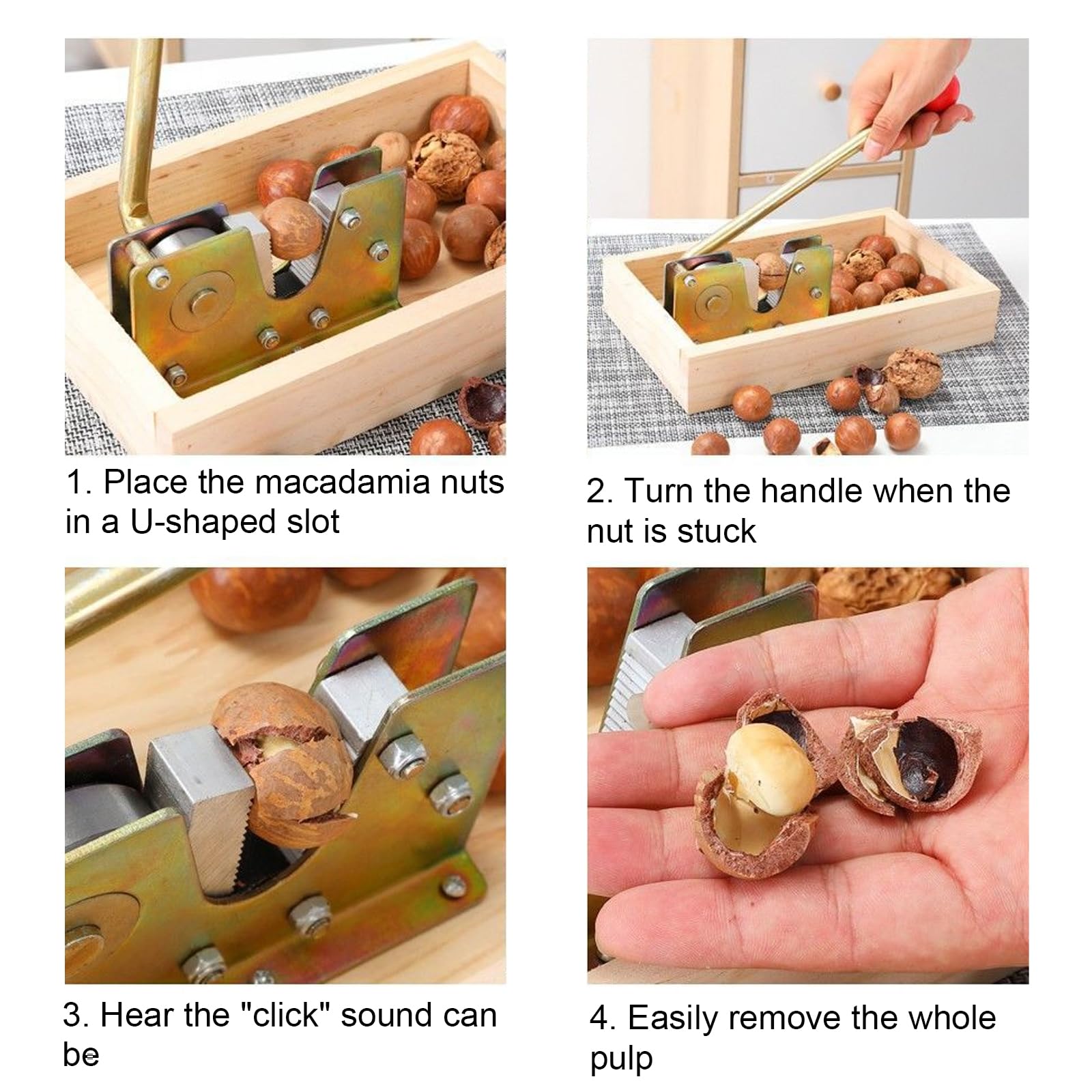 Schiaccianoci Noci, Cracker con Funzione Leva Schiaccianoci Acciaio Inox, Dimensione Regolabile Schiaccia Mandorle con Vassoio di Legno, Strumento di Apertura per Noci Macadamia Pecan
