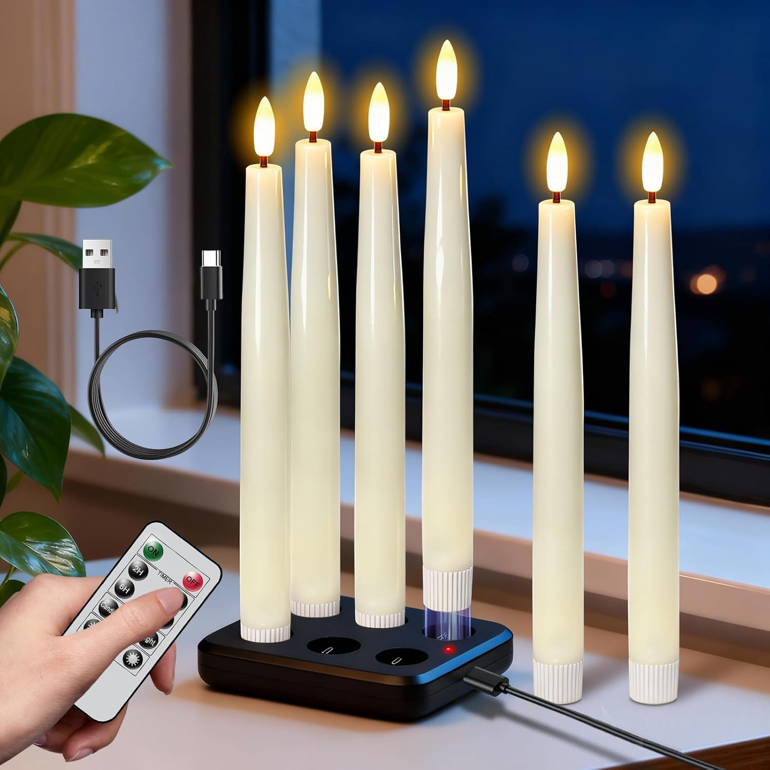 Wondise Rechargeable Flameless Taper Candles, Battery Operated Candles with Remote&Timer, Real Wax LED Candlesticks 3D Wick Flickering for Home Wedding Christmas Decor