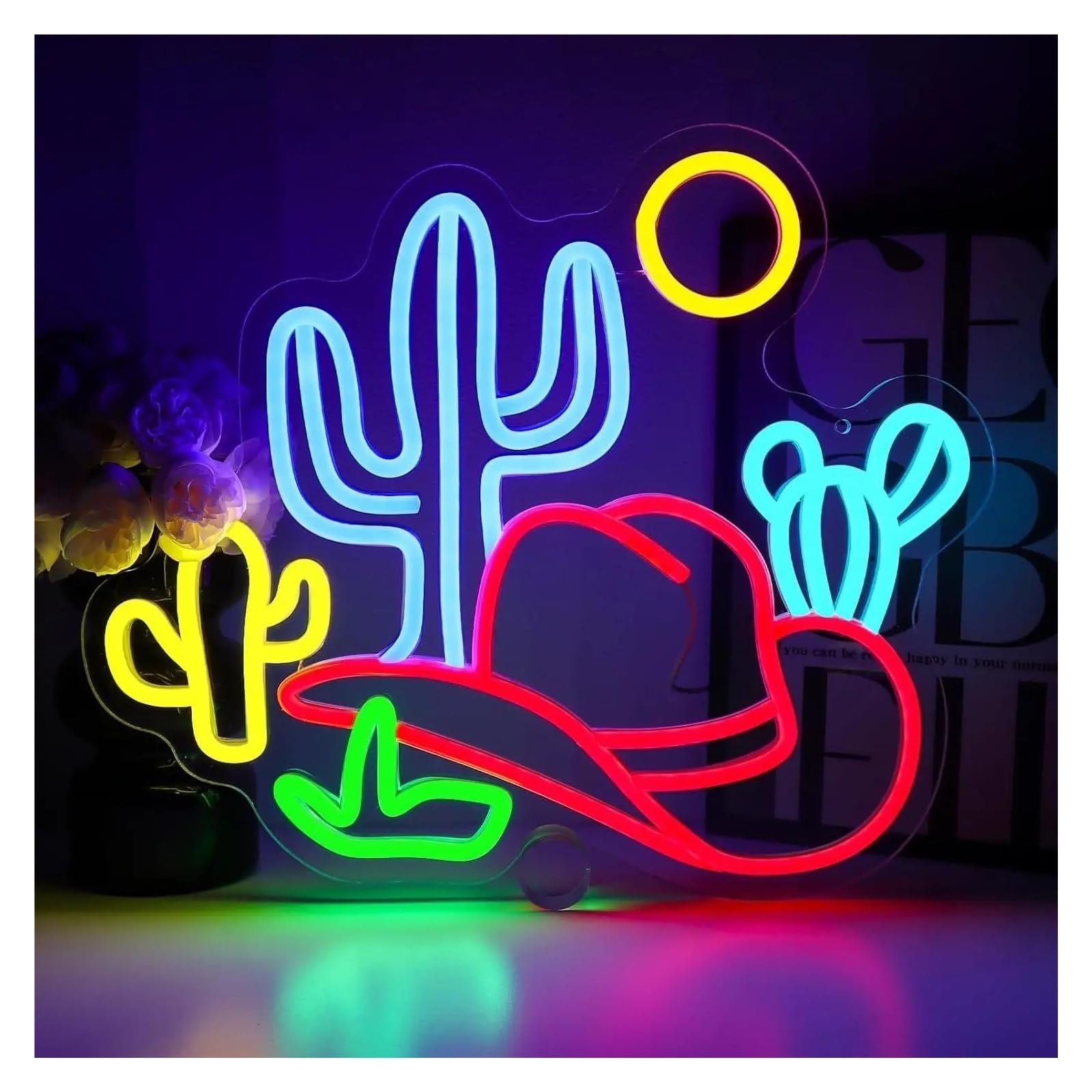 XENITE Hanging Art Neon Signs Cactus Neon Sign Cowboy Hat USB Dimmab LED Lights for Bedroom Game Zone Home Farm Living Room Beer Bar Man Cave Pub Decoration 14.76x12.6in