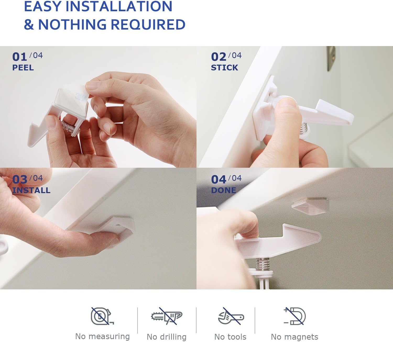 MPS 11 [Upgraded] Child Safety Cabinet Latches Locks, 10 Packs, Easy to Install, No Tools or Drilling Needed, Invisible Design, with Buckles and Screws-White, 2.8", Blue&Purple