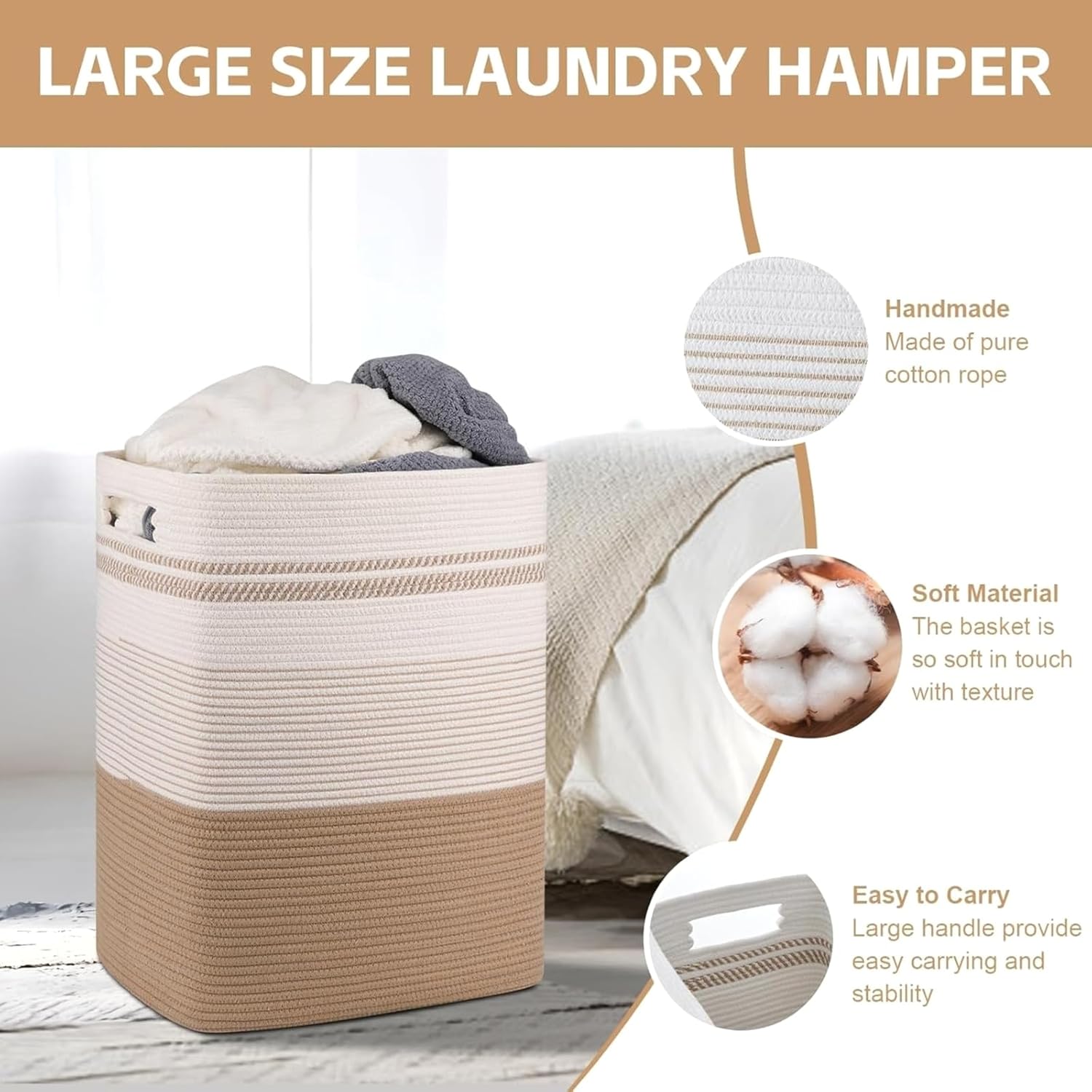 Generic Large Woven Rope Laundry Basket with Handles, 22x17x13 Inch Collapsible Storage Hamper for Clothes, Blankets, Toys in Living Room, Bedroom, Jute & White