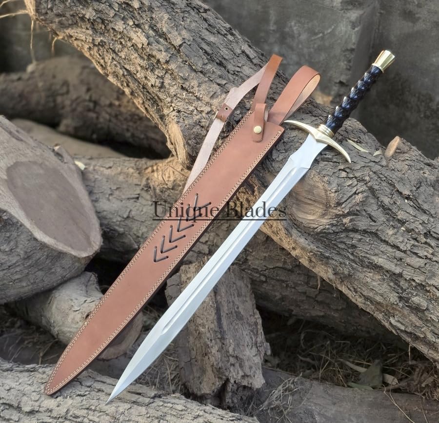 Vista 8 de Espada medieval vikinga, hoja de acero al carbono de 30 pulgadas, doble borde con ranura de sangre, mango de latón de madera negra, funda de cuero