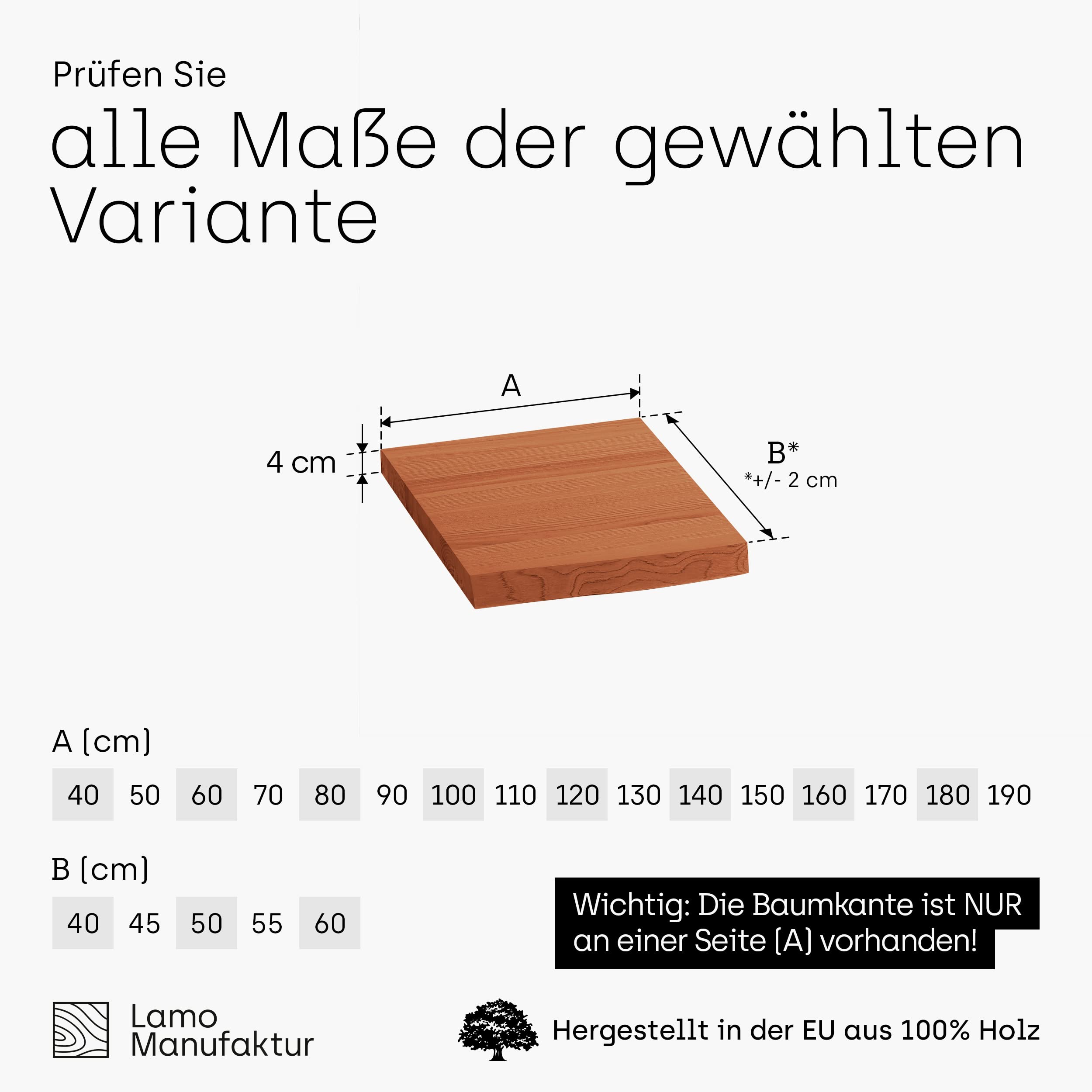 LAMO Manufaktur Waschtischplatte, Holzplatte Waschtisch Baumkante, 60x50 cm (AxB), Dunkel, ohne Montageset, LWP-01-A-004-CE