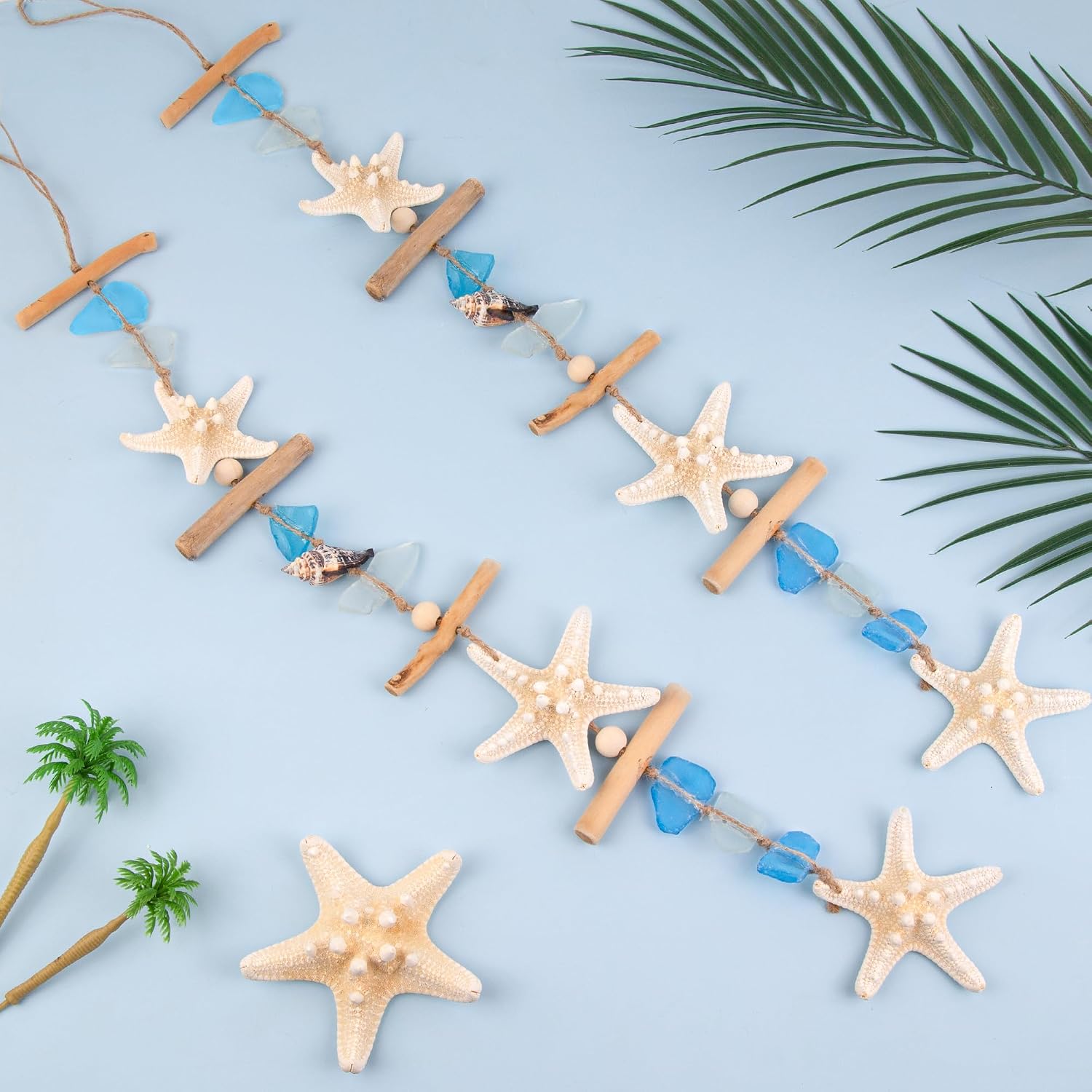 JQAQJU 2PCS Sea Glass Wooden Coastal Wall Decor with Starfish Sea Shells