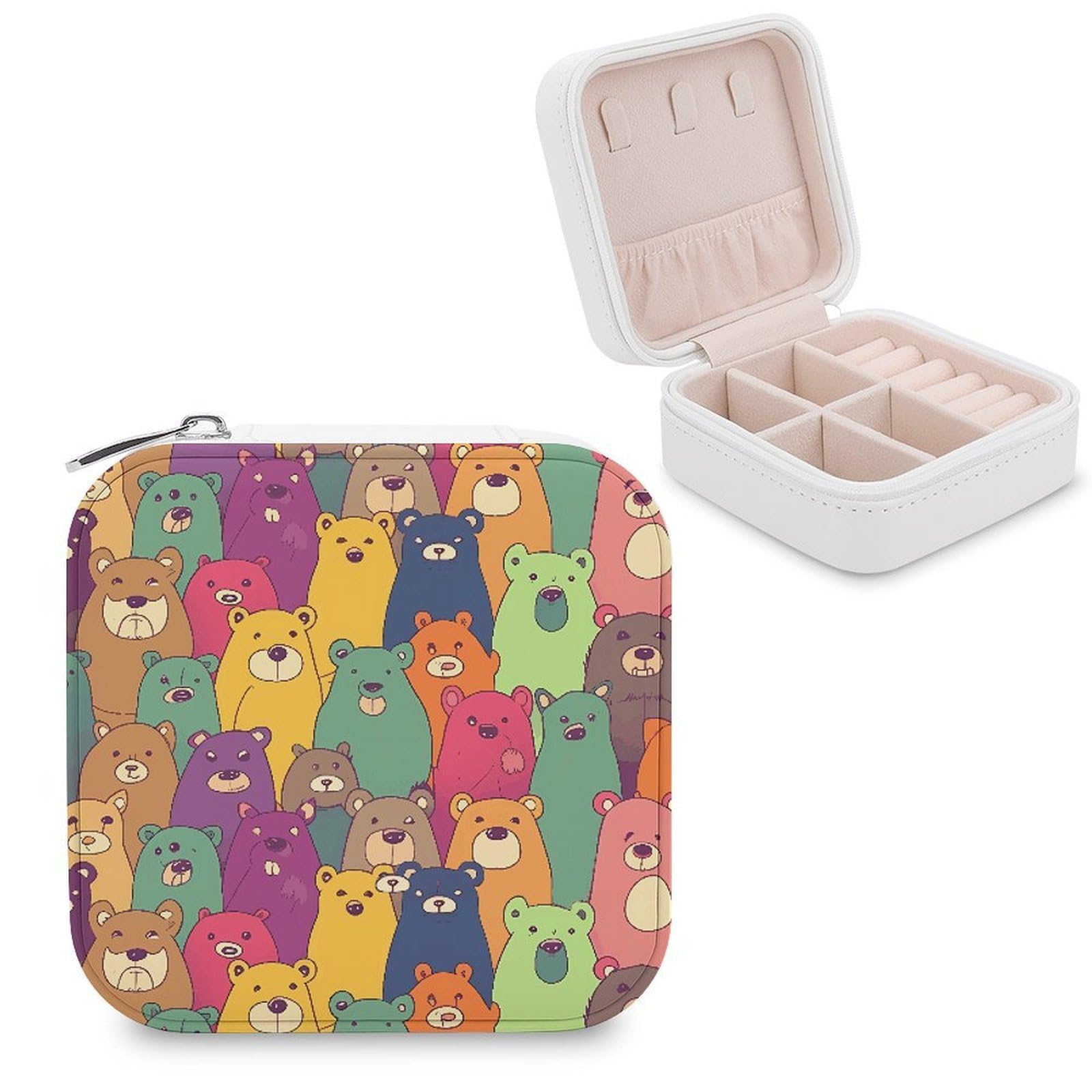 VstaDank Colorful Bears Travel Jewelry Case Zipper Portable Small Jewelry Box Custom Pu Leather Mini Traveling Jewelry Organizer for Rings Earrings Necklace Bracelet Girls Women