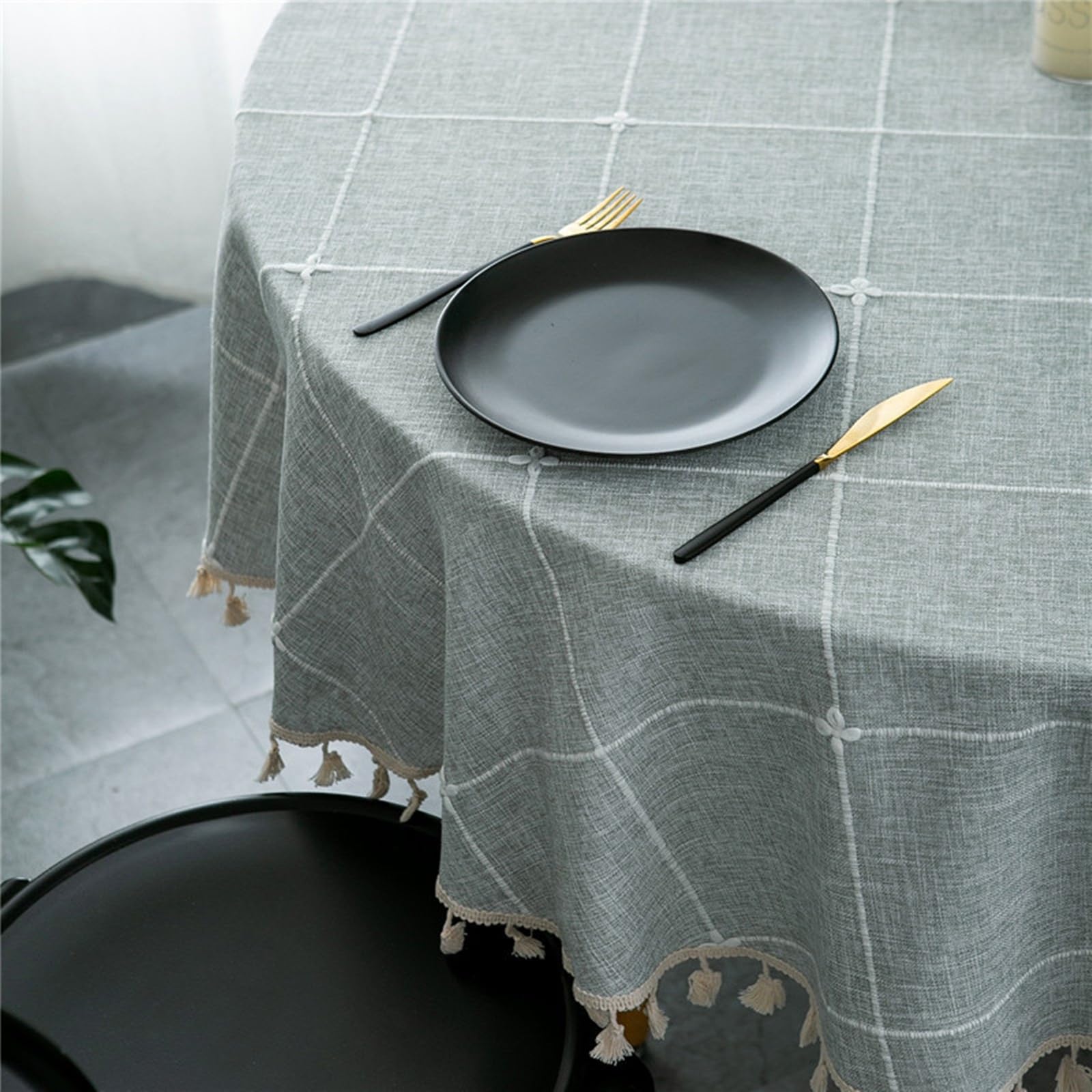 KnSam Mantel redondo de rejilla jacquard con borla, mantel de poliéster y algodón, mantel de terraza, antimanchas, para interior, exterior, jardín, comedor, 260 cm, azul y gris