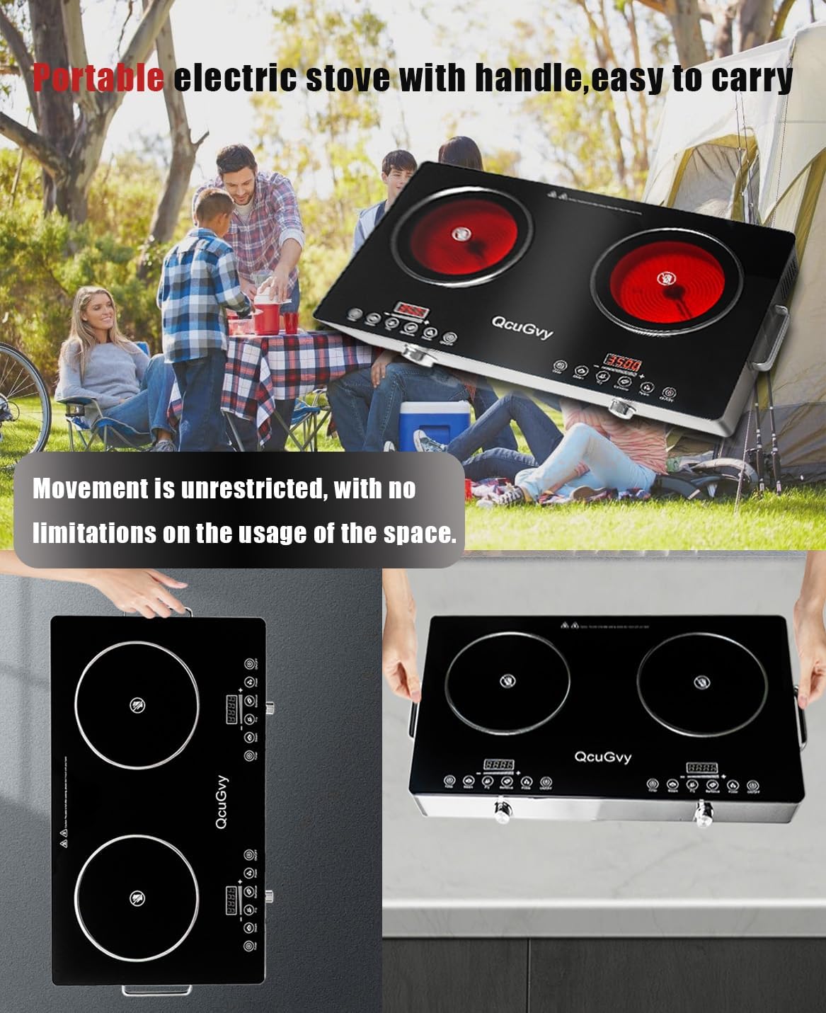 23" Portable Infrared 2 Burner 3500 Electri Burner with 2 Hours Timer-Electric Hot Plate Touch Control Panel Adjustable Heating Power Glass Plate Electric Cooktop for Cooking