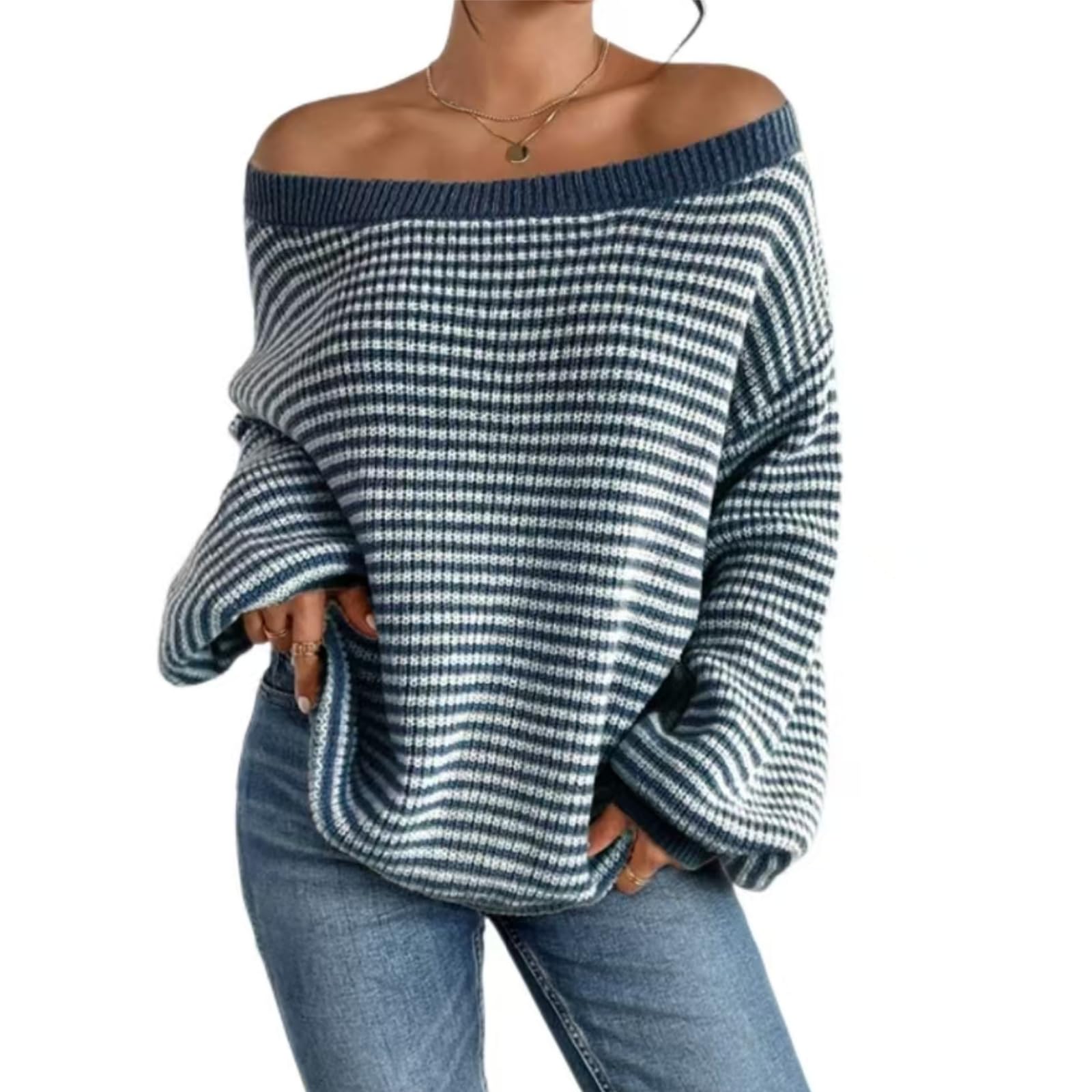 Women Off Shoulder Striped Sweater Knitted Chunky Loose Sweater Oversized Long Sleeve Crew Neck Pullover Tops