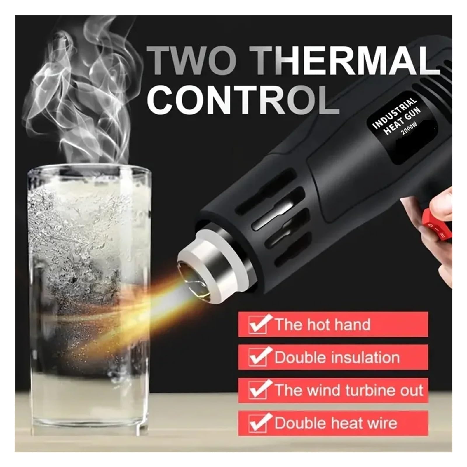 Pistolet Na Gorącą Wiatrówkę O Mocy 2000 W. Regulacja Temperatury Dużej Przemysłowa Elektryczna Opalarka. Do Pieczenia Folii Samochodowej Mocne, Szybkie Nagrzewanie