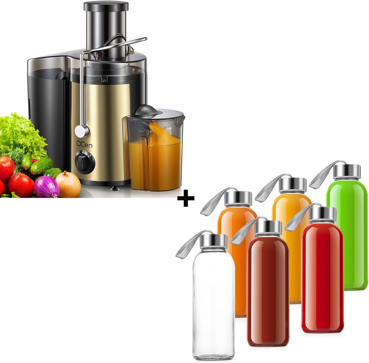 QCen Centrifugal Juicer Machine Gold and 6PCS Glass Bottle Bundle