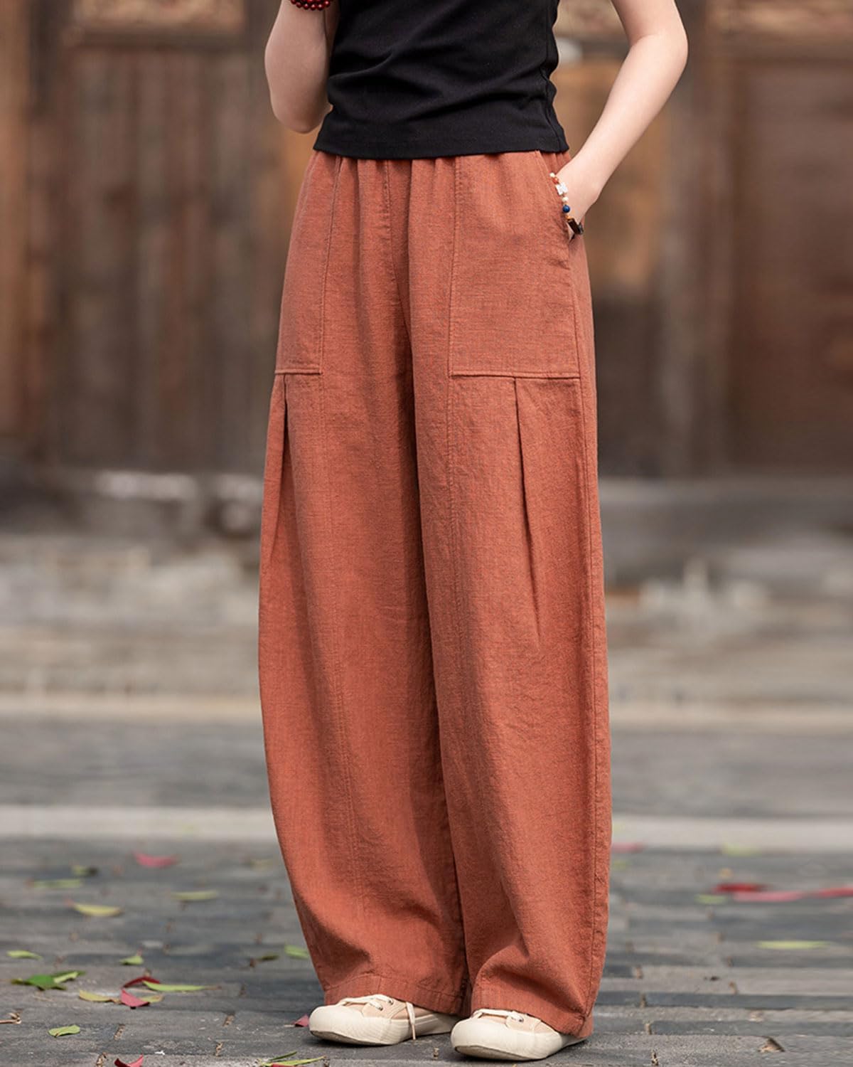 IXIMO Women's Linen Wide Leg Pants Casual Elastic Waist Loose Lantern Trousers Front Pockets - Image 3