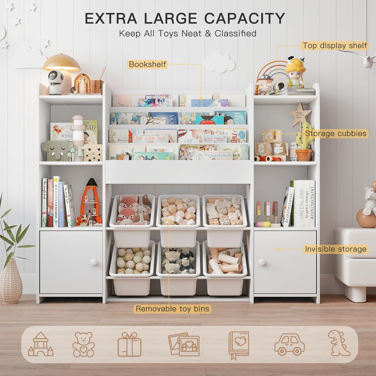Toy Storage Organizer and Kids Bookshelf with 6 Toy Bins, Wooden Toy Organizers and Storage with 6 Cabinets for Living Room, Kids Room, Playroom, Nursery and Kindergarten - Image 2