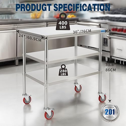 Miniatura 47 de Mesa de acero inoxidable para preparación y trabajo con 4 ruedas giratorias con estante inferior de 24 x 36 pulgadas NSF de metal comercial