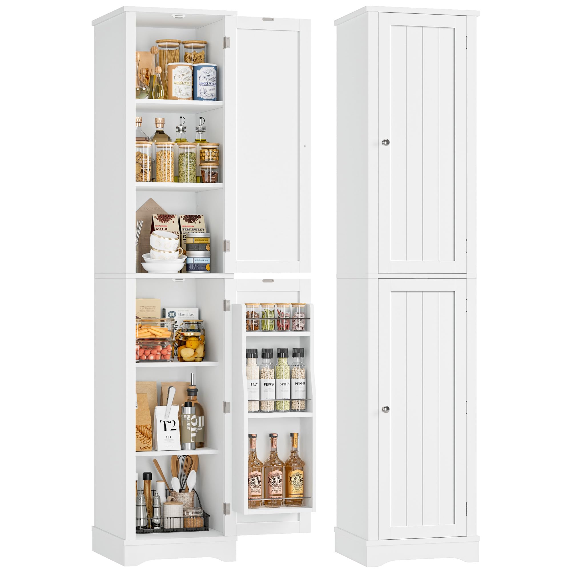 HIFIT 71" Tall Narrow Storage Cabinet with 2 Reversible Doors, Small Kitchen Pantry Cabinet with Adjustable Shelves & Spice Rack, Slim Storage Cabinets for Bathroom, Living Room, Entryway, White