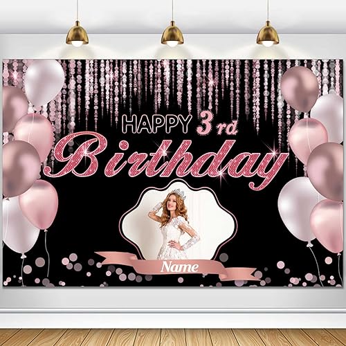 Pancarta de decoración de feliz cumpleaños de color oro rosa, tamaño grande, personalizable, con nombre y fotos compatibles