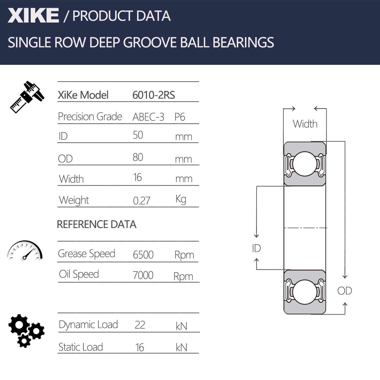 XiKe 10 Pezzi 6010-2RS Cuscinetti a sfera 50x80x16mm, Acciaio cromato｜Pre-lubrificati｜Guarnizioni in Gomma, 6010RS Cuscinetto a sfere a gola profonda con coperchio sigillato.