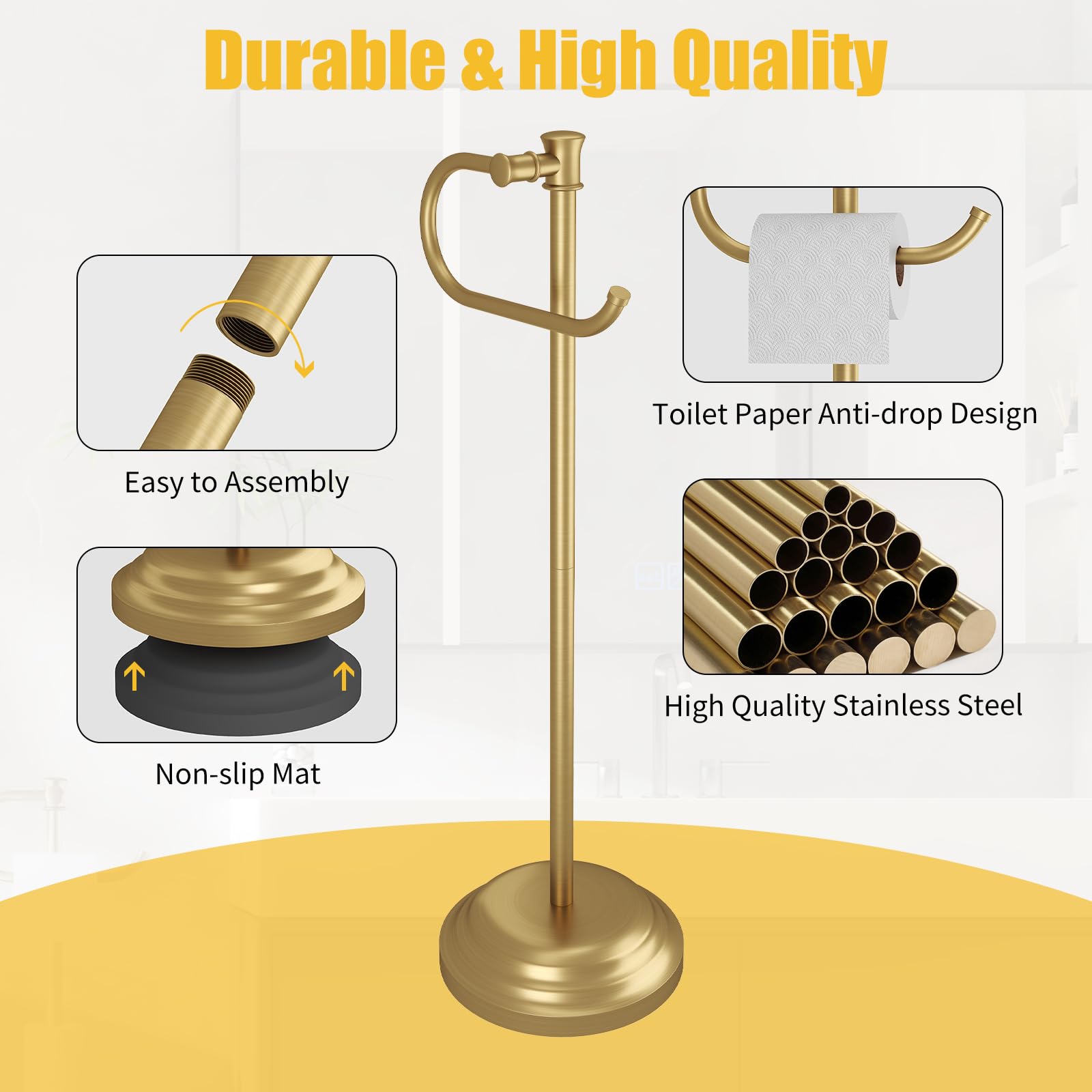 BESy Toilet Paper Holder Floor Stand, Bathroom Freestanding Gold — Amazon image 9