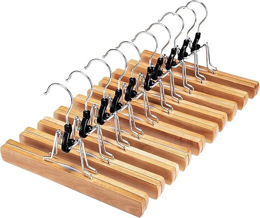 HOUSE DAY Wooden Pants Hangers 10 Pack, Non Slip Wood Skirt Hangers, Wood Clamp Hanger for Pants, Jeans, Slacks, with 360° Swivel Hook