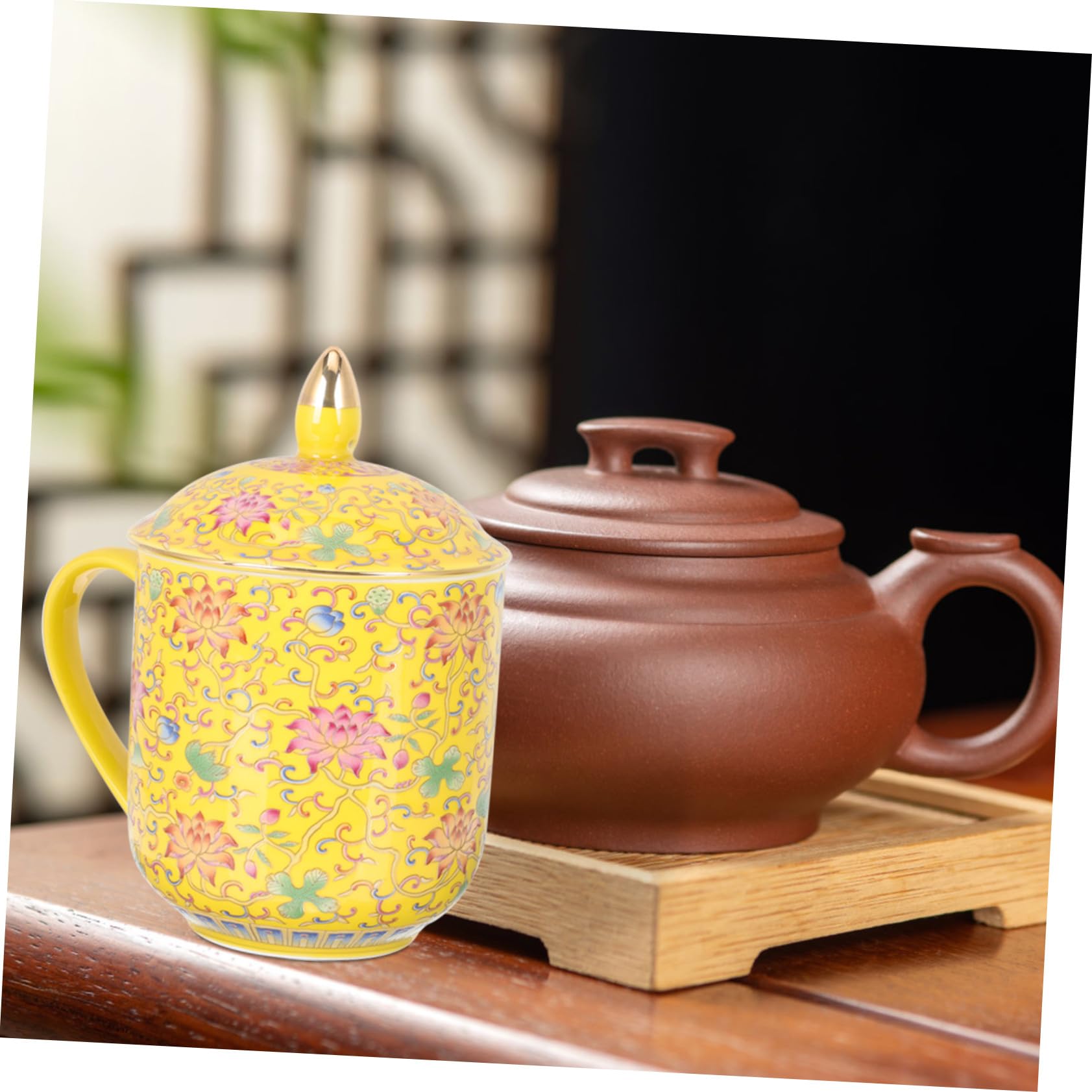 Teetasse als Asiatisches Teetassen Satz mit Deckel und Teesieb Keramik Gelb im Klassischen Retro Stil Geeignet für Restaurant und Teehäuser