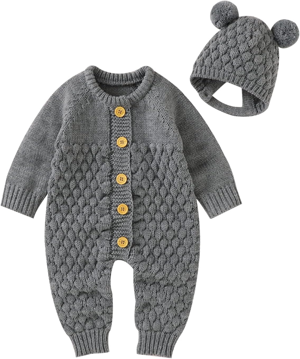 Newborn Baby Boy Girl Winter Clothes Knitted Sweater Romper Crewneck Solid Color Jumpsuit Hat Infant Fall Outfit