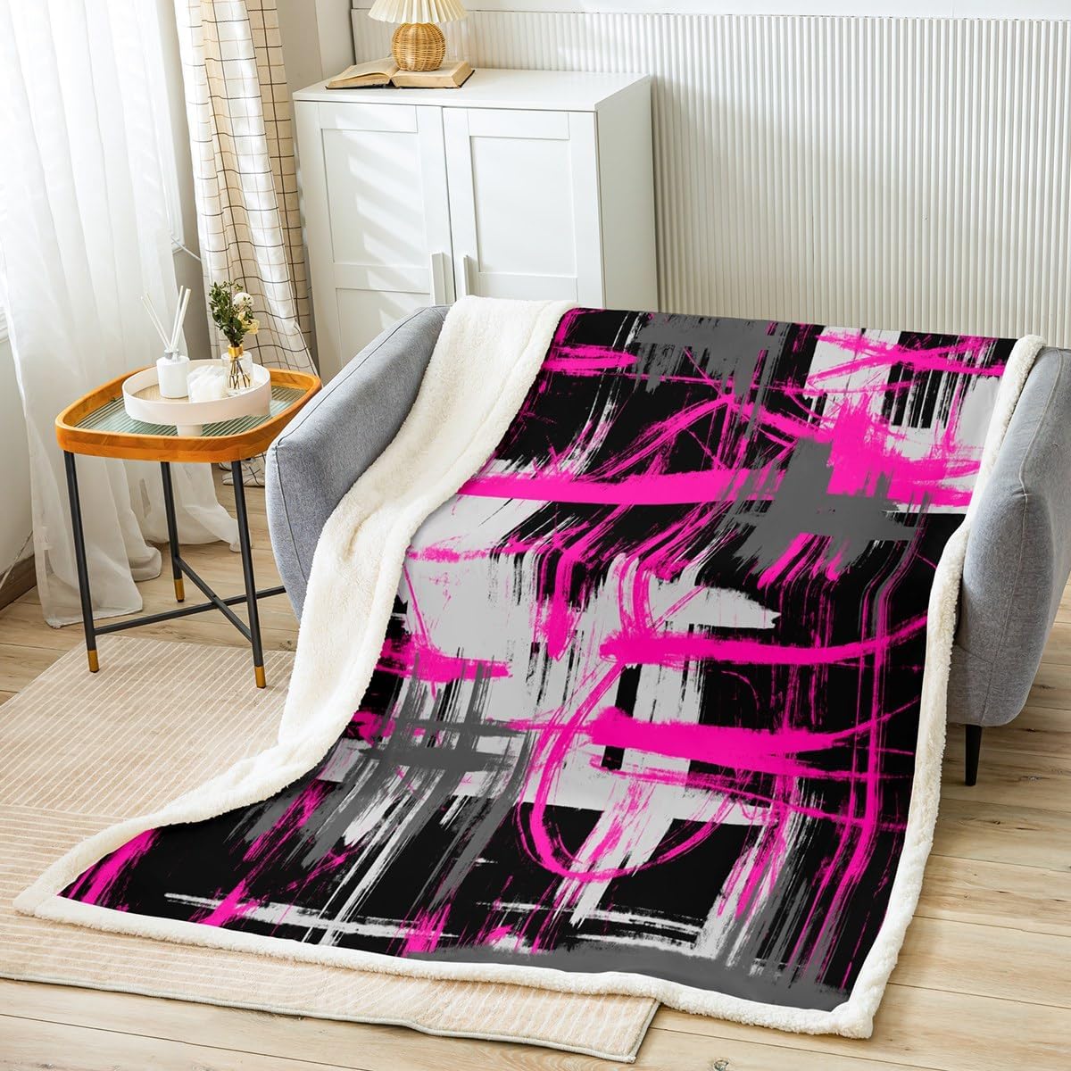 Hot Pink Black Grey Fleece Throw Blanket Queen 90"x90" Kids Abstract Art Plush Blanket for Bed Sofa Couch Modern Striped Art Sherpa Blanket Geometric Fuzzy Blanket Room Decor