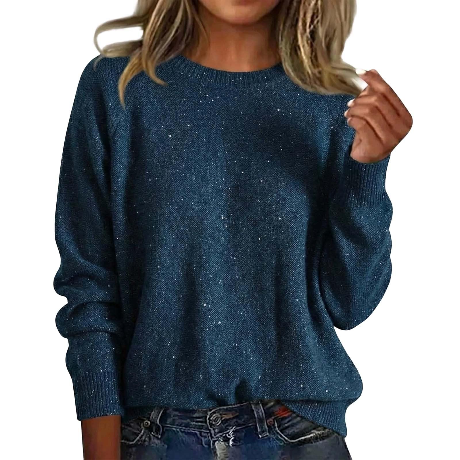 Generisch Maglione da donna con brillantini, con paillette, elegante, con scollo rotondo, con brillantini, per Capodanno, 01 arancione., S