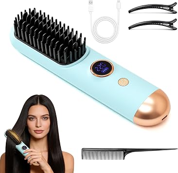 Portable Straightener Brushs for Travel with LCD Temperature Display, Upgraded Cordless Hair Styling Brush for Short Hair, Fast Heated Styling Mini Straightening Comb with 9 Temps for Women Blue