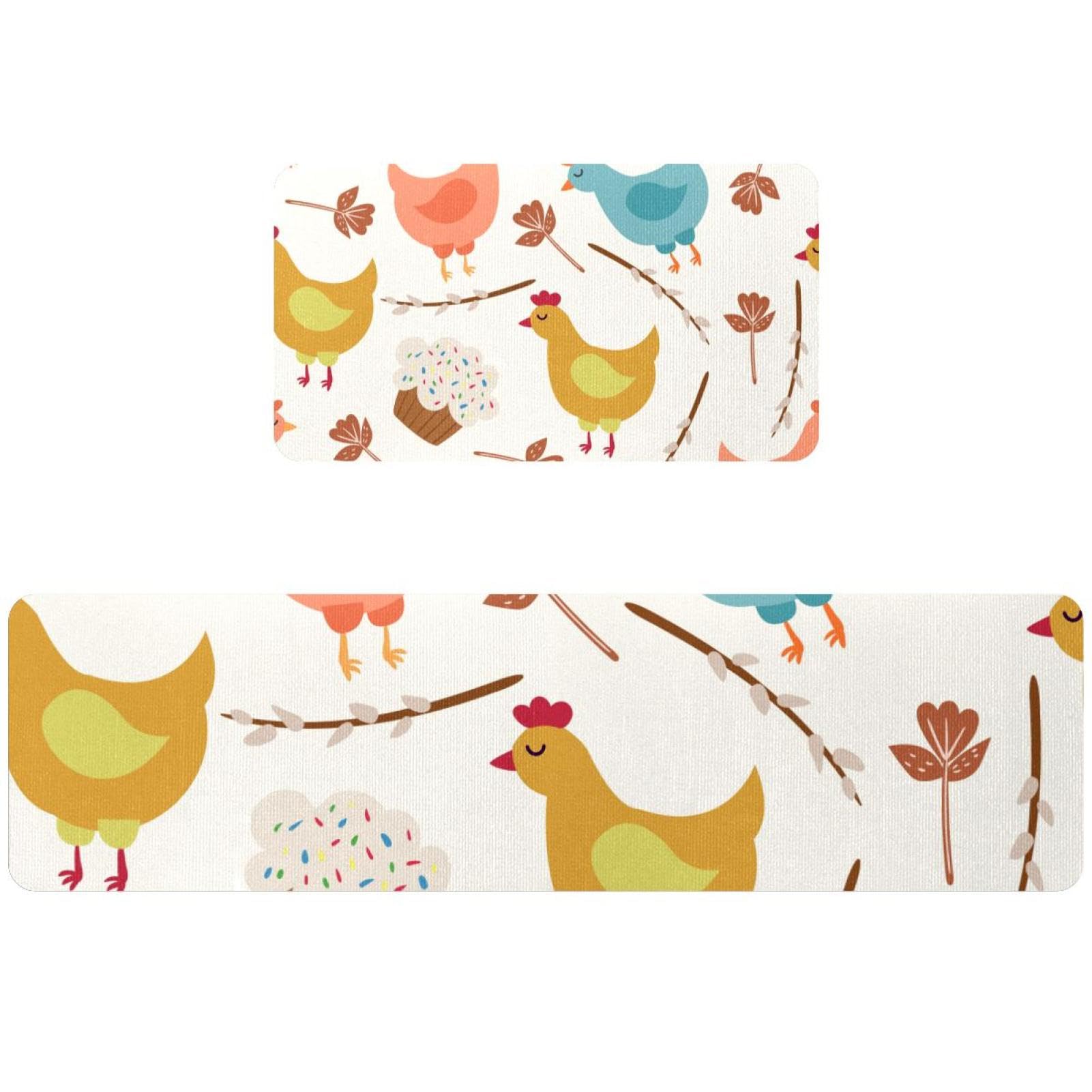 Lot de 2 tapis de cuisine antidérapants et lavables avec motifs poules et cupcakes