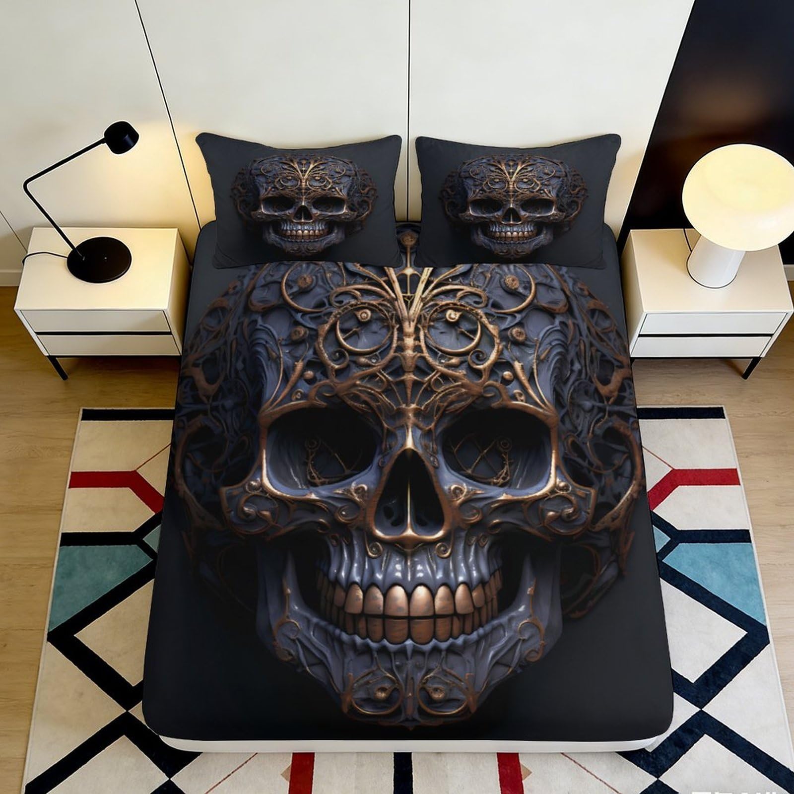 3D Printed Gothic Skull Fitted Sheet Microfiber Black Decor Mattress Cover for Bedroom Guest Room Dustproof Washable 90x200x25cm