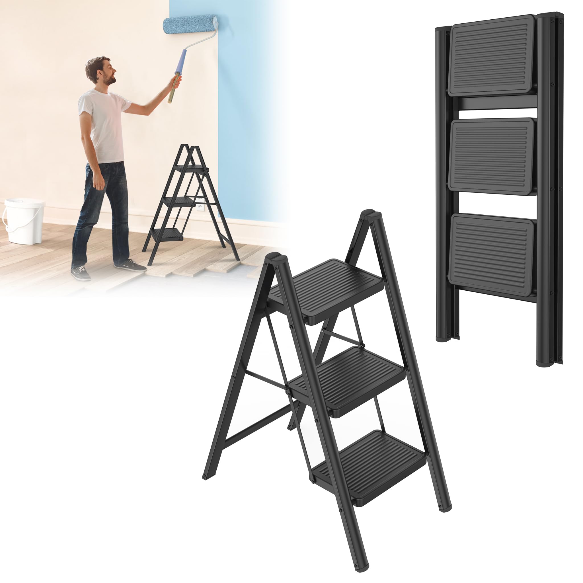 Yunvin Folding Step Ladder, 3 Steps, Aluminium Folding Ladder with Anti Slip Feet and Wide Steps, 150 kg Load Capacity, Space Saving, Multifunctional Step Stool, Home, Kitchen, DIY, Garden Use, Black