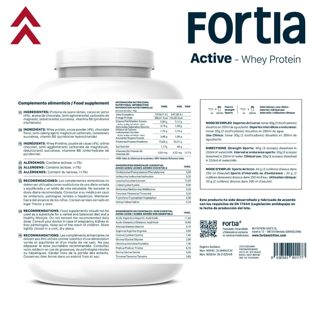FORTIA Proteinas Whey 30 g por Batido | Proteína en Polvo Premium de Suero de Leche Sabor Chocolate 900g | Whey Protein para Masa y Recuperación Muscular | Bajo en Grasa y Fácil Digestión